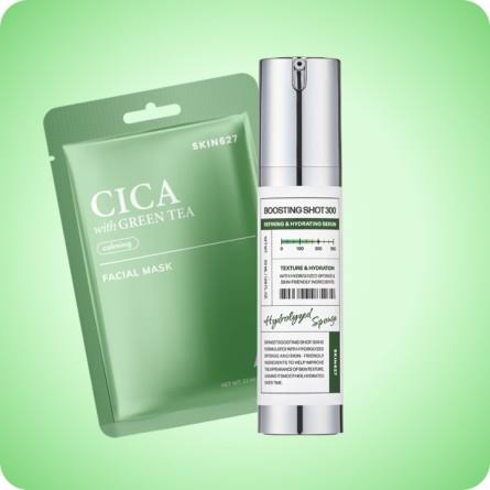 SKIN627 BOOSTING SHOT300 + SKIN627 CICA with GREEN TEA Facial Sheet Mask 1ks